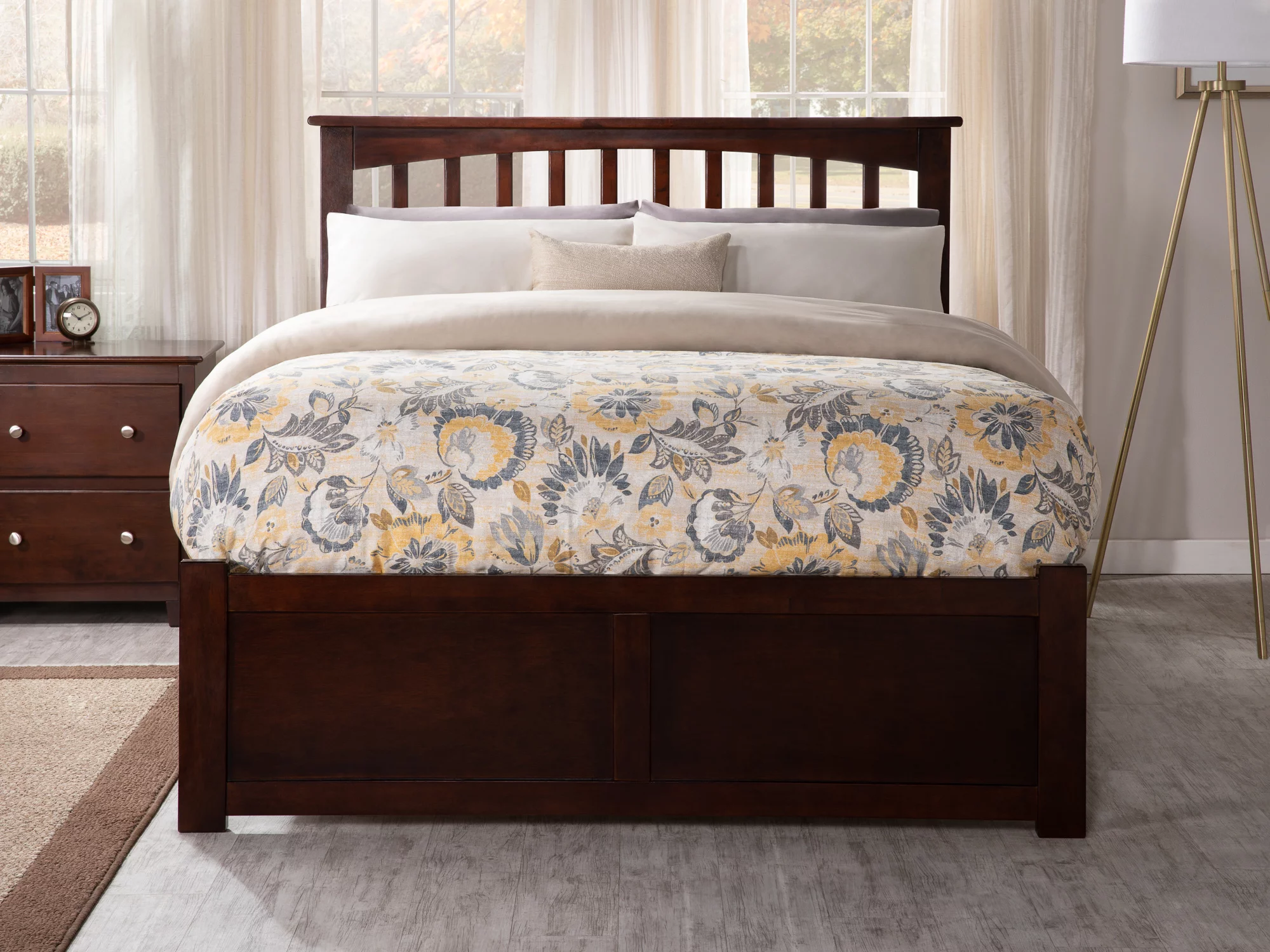 AFI Mission King Solid Wood Platform Bed with Footboard and Twin XL Trundle in Walnut