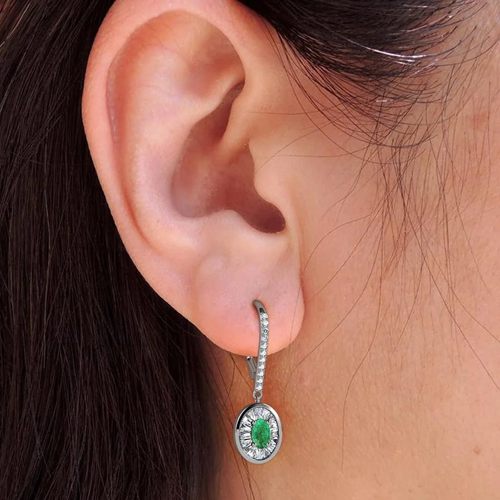 TriJewels Oval Cut Emerald and Baguette Diamond 1 1/8 ctw Womens Halo Drop and Dangle Earrings 14K Gold