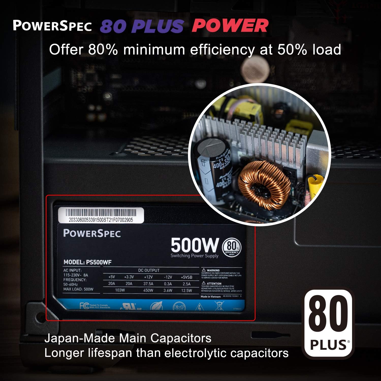 PowerSpec 650W Power Supply 80 Plus Bronze Certified Fixed Cable Non-Modular ATX PSU Active PFC SLI Crossfire Ready Gaming PC Computer Switching
