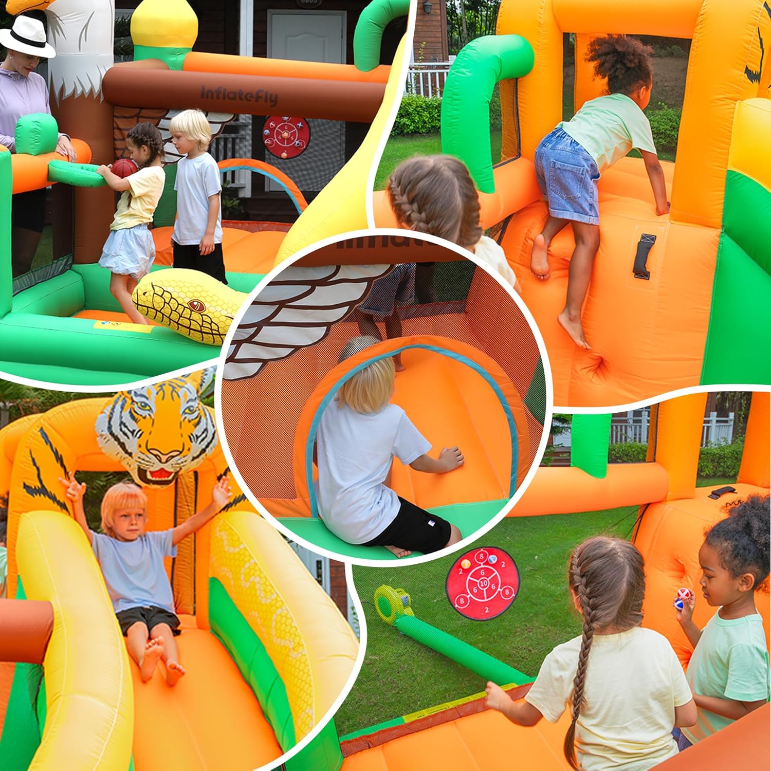Bounce House with Slide for Kids, Inflatable Bouncy Castle with Blower, Basketball Hoop and Toss Game for Parties