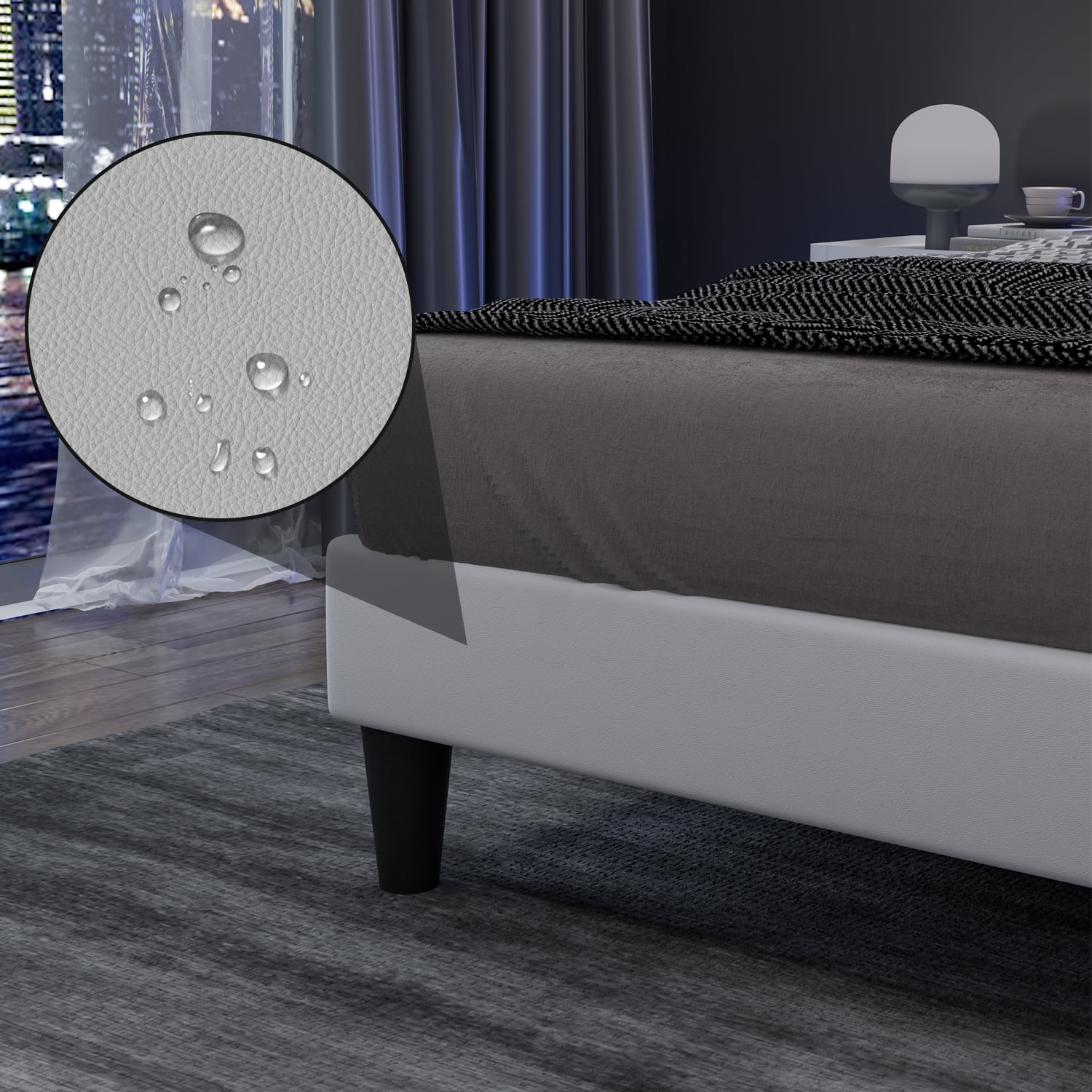 4 EVER WINNER Full Size Led Bed Frame, Upholstered Platform Bed Frame with PU Faux Leather Headboard, White