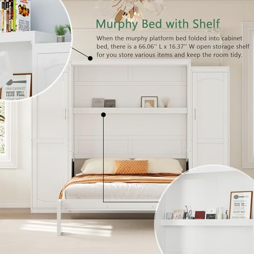 Polib Full Size Murphy Bed with Two Wardrobes and Storage Shelf, Space-Saving Wall Cabinet Bed with Foldable Platform Bedframe for Small Bedrooms
