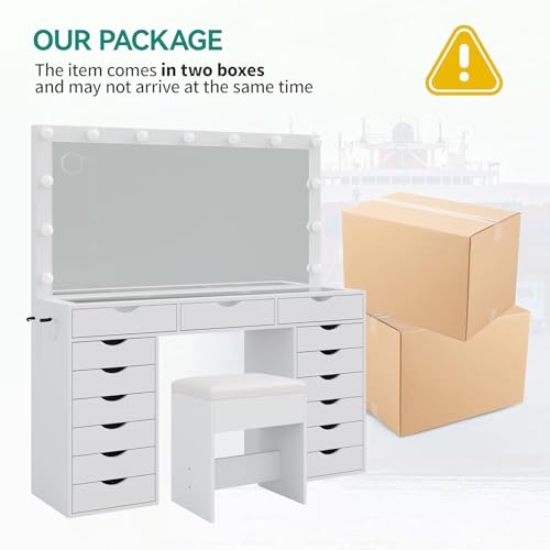 Vanity Desk with Mirror and Lights, Makeup Table with Charging Station, 3 Color Lighting Modes, 15 Drawers Dressing Table