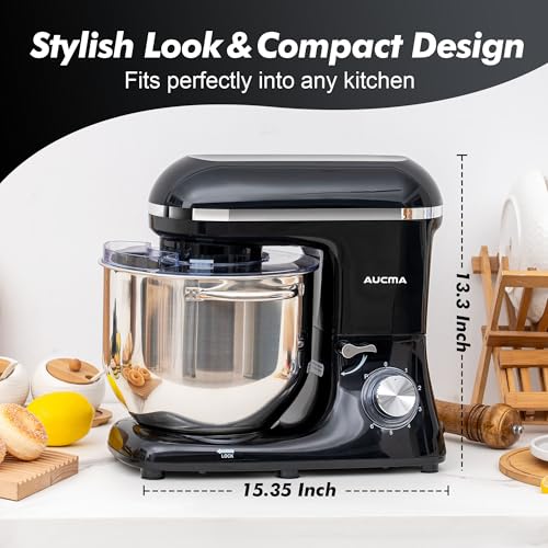 Aucma Stand Mixer,6.5-QT 660W 6-Speed Tilt-Head Food Mixer, Kitchen Electric Mixer with Dough Hook, Wire Whip & Beater (6.5QT, Black)