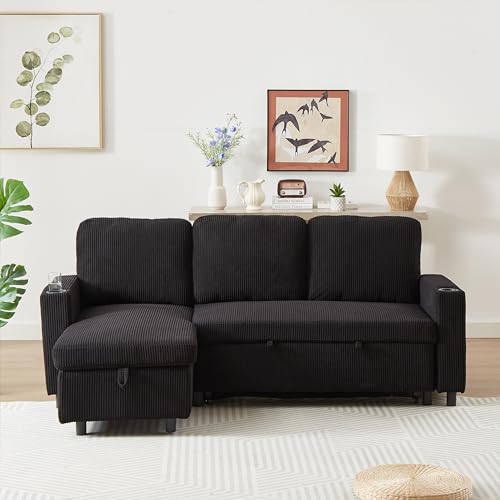 L-Shaped Pull Out Sleep Sofabed,Modern Reversible Sleeper Sectional Sofa Chenille Upholstered Button Tufted Decor with Storage Chaise