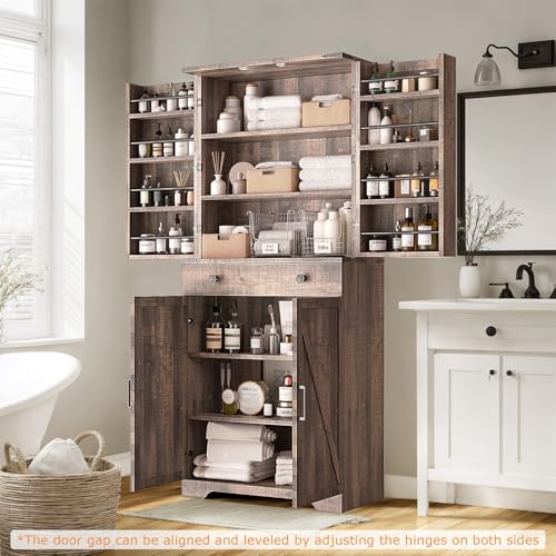 72" Tall Farmhouse Kitchen Pantry Cabinet, Large Storage Cabinet with 6 Adjustable Shelves, 4 Barn Doors & Drawer for Bathroom, Dining Room, Brown