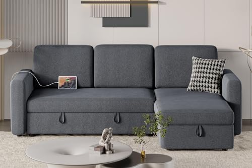 Yaheetech Sectional Sofa L-Shaped Sofa Couch Bed w/Chaise & USB, Reversible Couch Sleeper w/Pull Out Bed & Storage Space Living Room Black