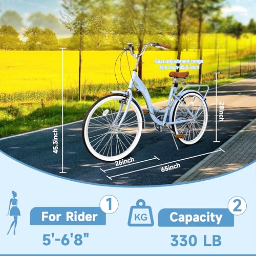 26 Inch Beach Cruiser Bike for Women, Hybrid Cruiser Bike with 7 Speed, Adjustable Seat, Lightweight Women Beach Cruiser Bike with Anti-Skid Tires