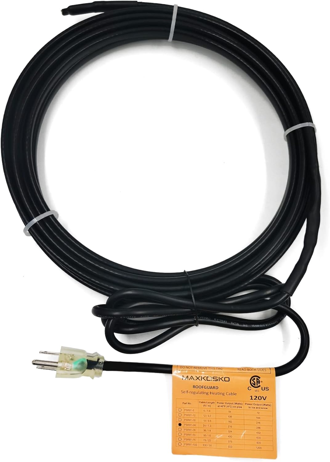 MAXKOSKO 24Ft. Commercial-Grade Gutter Heat Tape for Ice Dam Prevention with 6ft Lighted Plug, 120V, 8w/ft Heating Cable