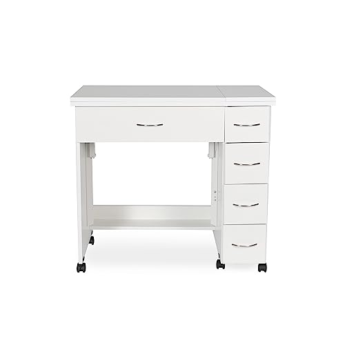 Arrow Classic Sewing Furniture Alice Compact Mid-Size Sewing Cabinet with Hydraulic Machine Lift, Drawers, Expandable Leaves, Locking Wheels