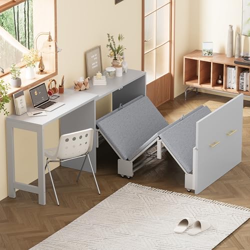 Twin Murphy Bed with Mattresses, Folding Cabinet Bed with Adjustable Position Desk
