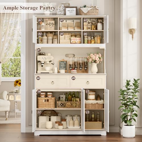 HOSTACK Large Kitchen Pantry Cabinet with Charging Station, 71" Kitchen Hutch Cabinet with Storage Drawers and Countertop