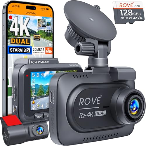 ROVE R2-4K DUAL Dash Cam Front and Rear, STARVIS 2 Sensor, FREE 128GB Card Included, 5G WiFi - up to 20MB/s Fastest Download Speed with App