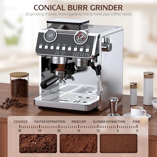 Espresso Machine with Grinder, 20 Bar Pressure Professional Espresso Maker with 30 Grinding Settings, 58mm Portafilte