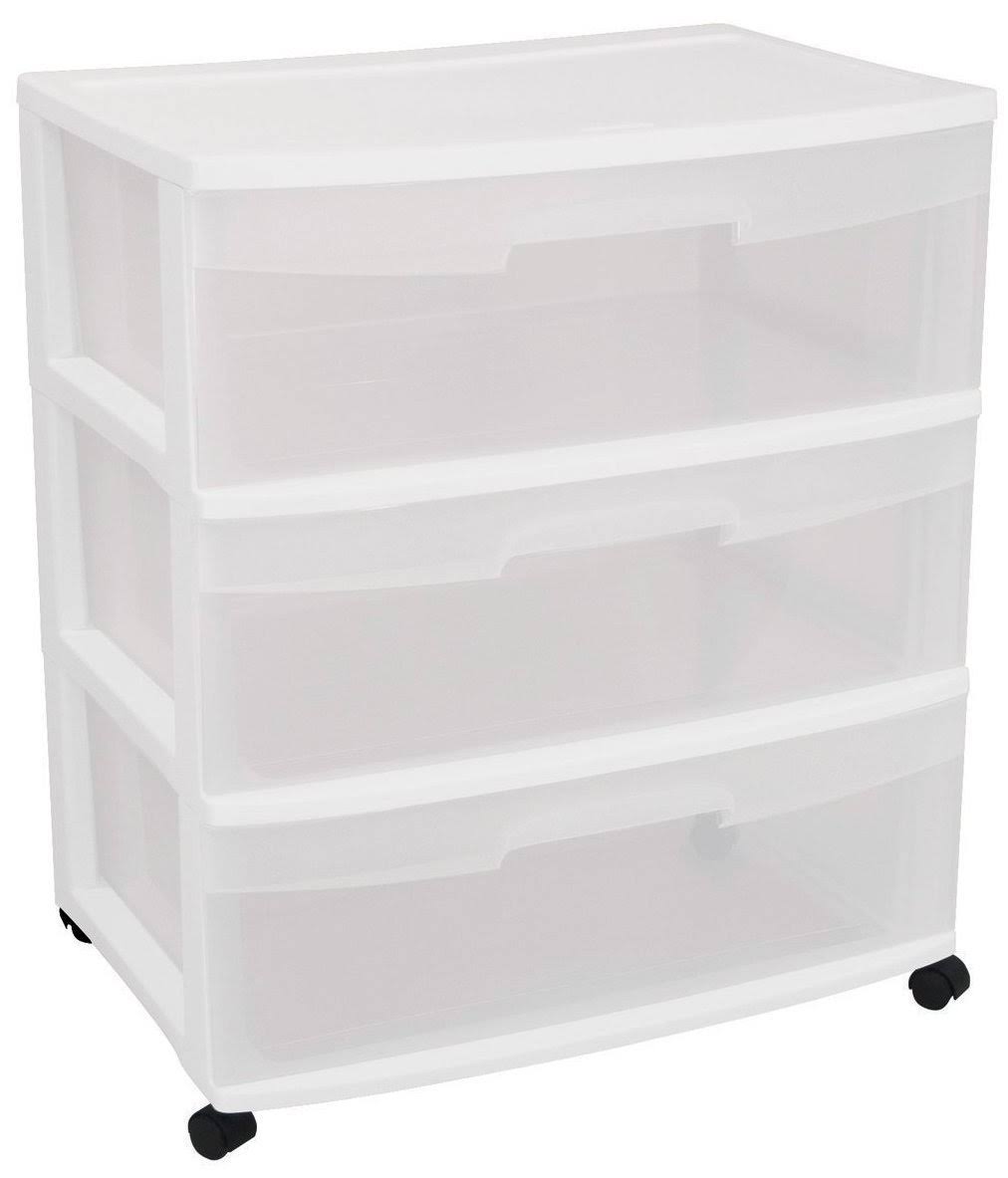 Sterilite 29308001 Wide 3 Drawer Cart, White Frame with Clear Drawers and Black
