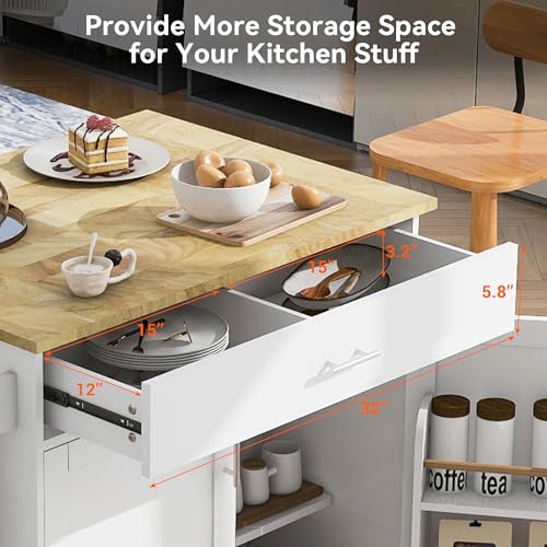 53.5''Farmhouse Kitchen Island with Power Outlet, Kitchen Storage Island with Drop Leaf, Spice Rack and Drawer, Rolling Kitchen Cart on Wheels