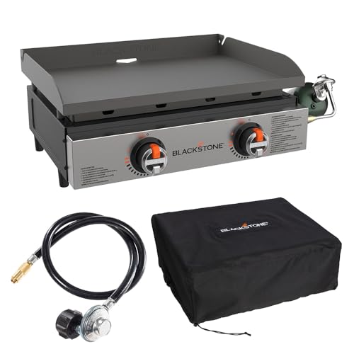 Blackstone 22" Omnivore Tabletop Outdoor Griddle Travel Bundle - Dual Stainless Steel H-Burners, 24,000 BTUs - Includes Propane Adapter and Soft Cover