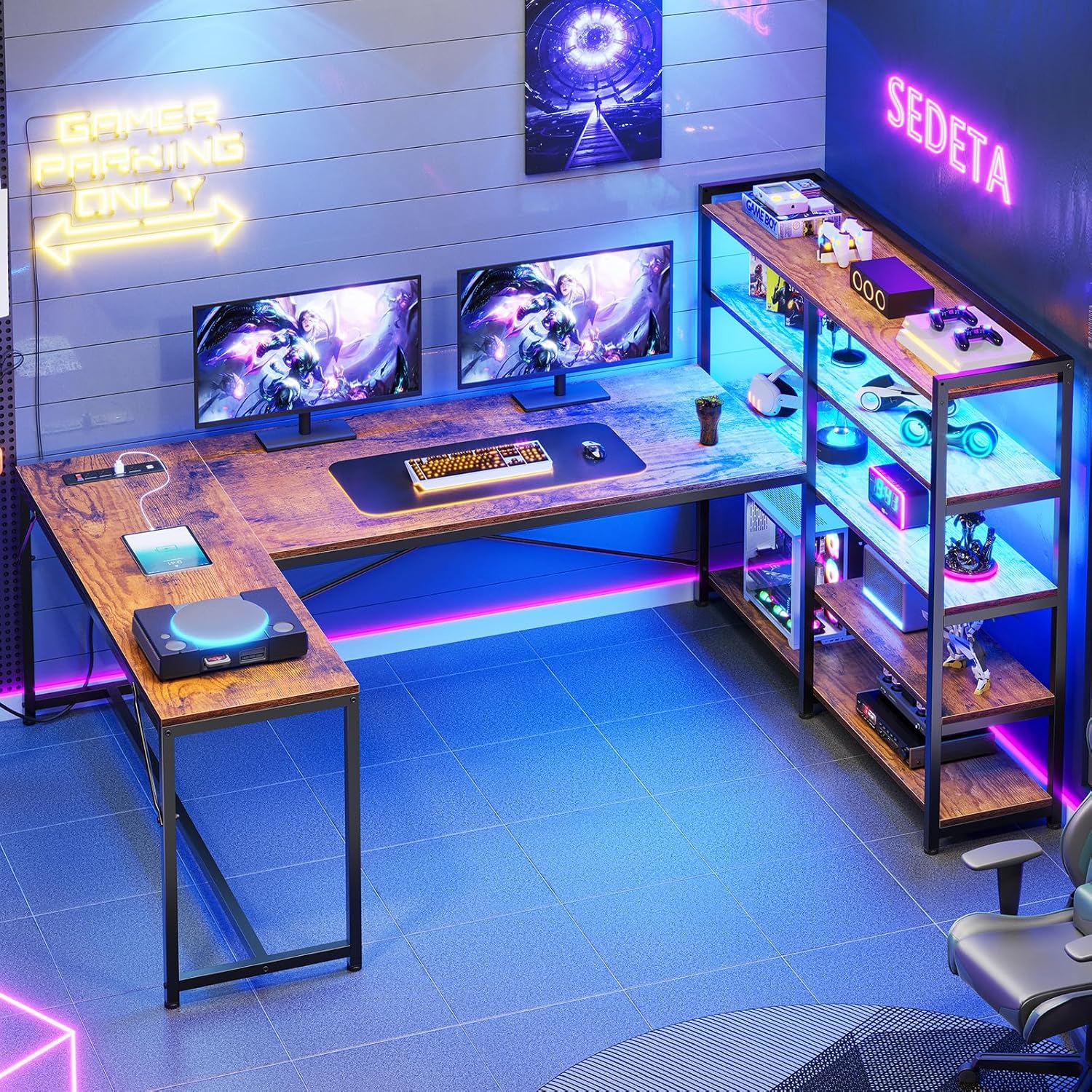 SEDETA L Shaped Computer Desk, 64.5'' Reversible U Shaped Office Desk with Storage Shelves & Power Outlet, L Shaped Gaming Desk with LED Light