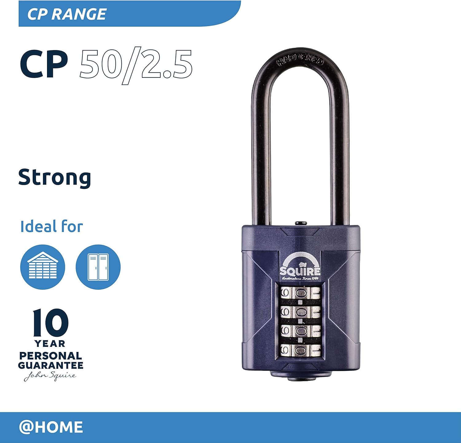 Squire Heavy Duty Padlock (CP50/2.5) - Toughest Extra Long Shackle - 4 Wheel Combination Padlock - Alloy Steel for Corrosion Resistance
