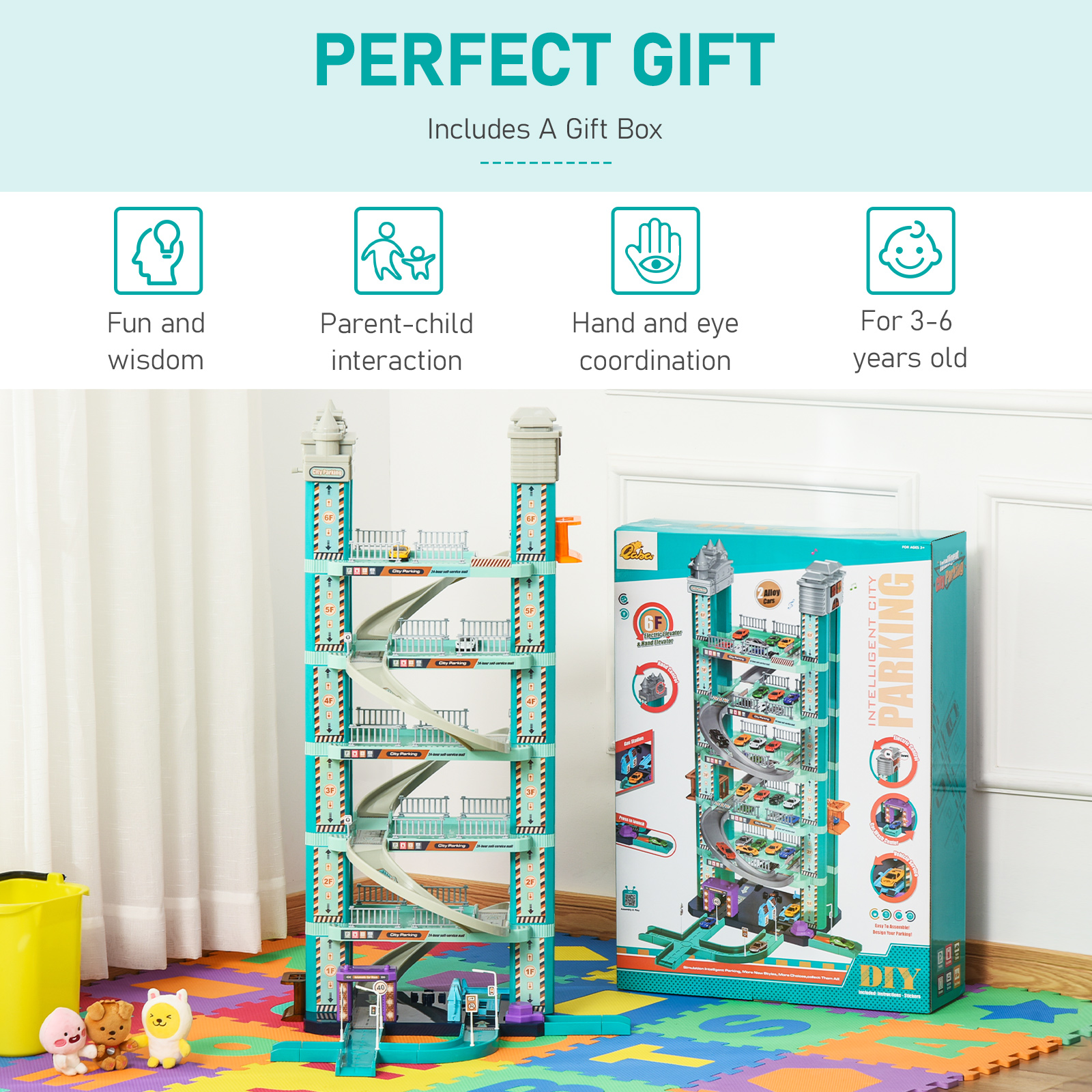 Qaba City Garage Playset with 98 Pieces Accessories Set, 6-Level Car Parking Playsets Toy with Manual and Electric Elevators Wash, Gas
