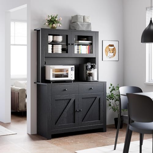 Kitchen Pantry Cabinet with Microwave Stand, Freestanding Hutch Cabinet with Buffet Cupboard