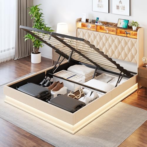 Queen Bed Frame with Storage - Lift Up Queen Size Bed Frame with Headboard, Upholstered Platform Bed with LED Lights & Charging Station