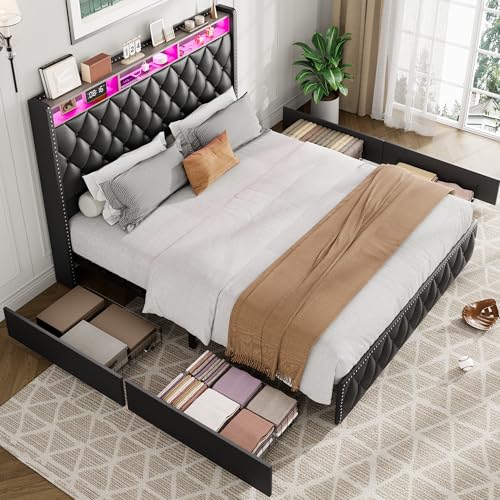 GarveeHome Queen Bed Frame with 50.8" Tall Headboard, Platform Velvet Upholstered Bed Frame with 4 Storage Drawers, USB Charging Station, Led Lights
