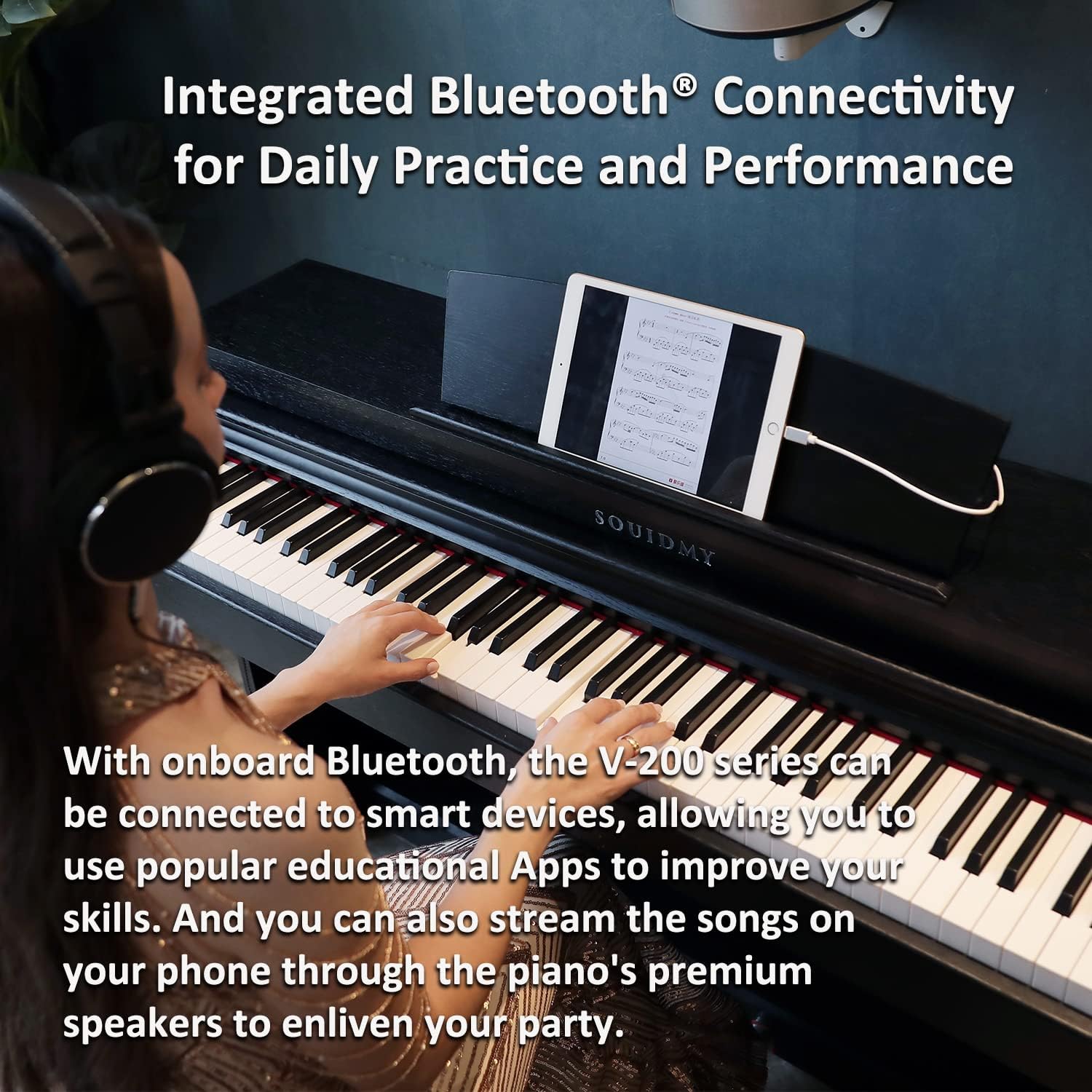 Souidmy V-200 88-Key Digital Piano, Weighted Hammer-Action Ivory Textures Keyboard, Bluetooth MIDI, Enhanced Acoustic Resonance