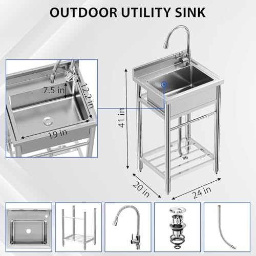 28"x20"x34" Stainless Steel Utility Sink, Freestanding Single Bowl with Hot & Cold Water Faucet