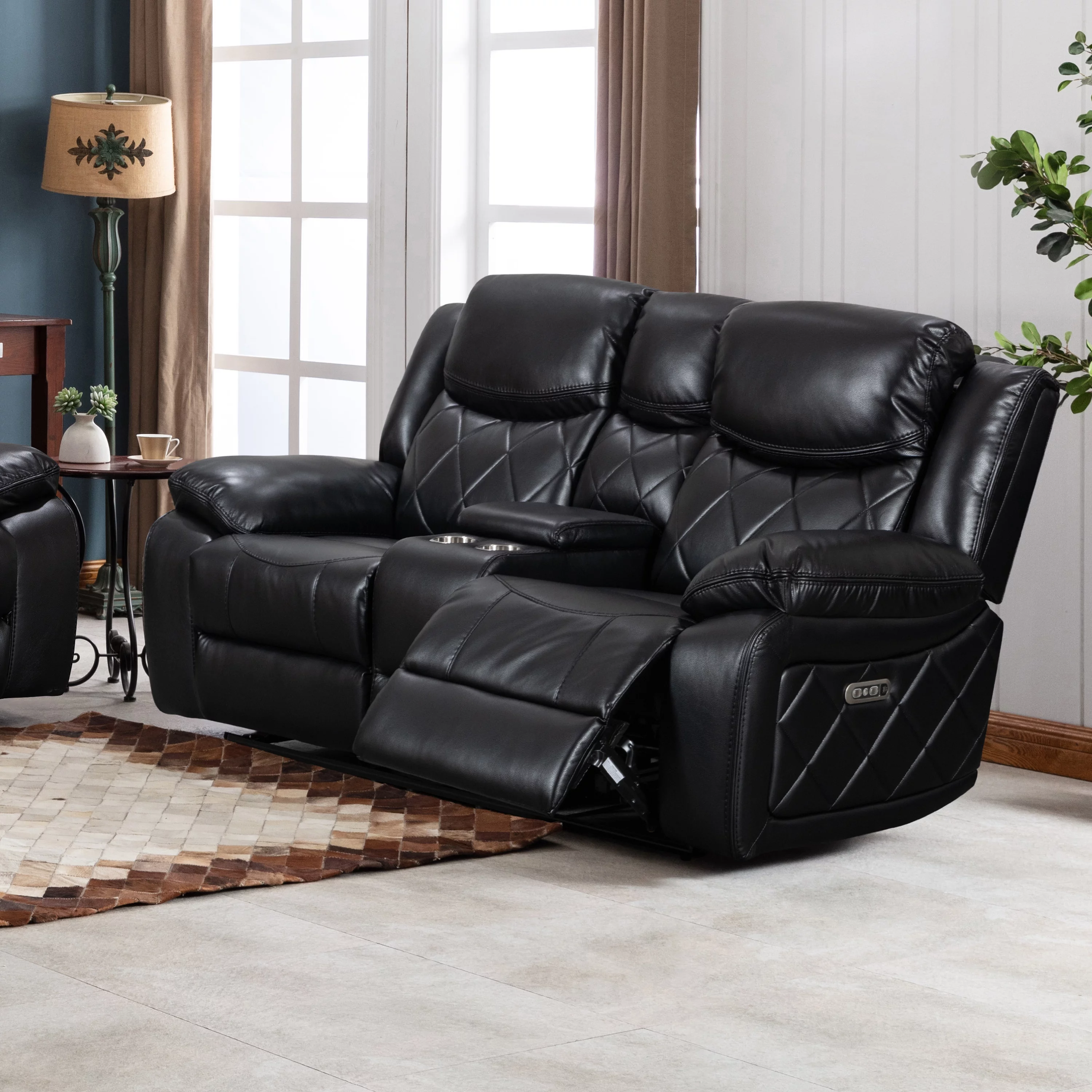 Contemporary Living Room Plush Faux Leather Upholstered Power Reclining Sofa, Black