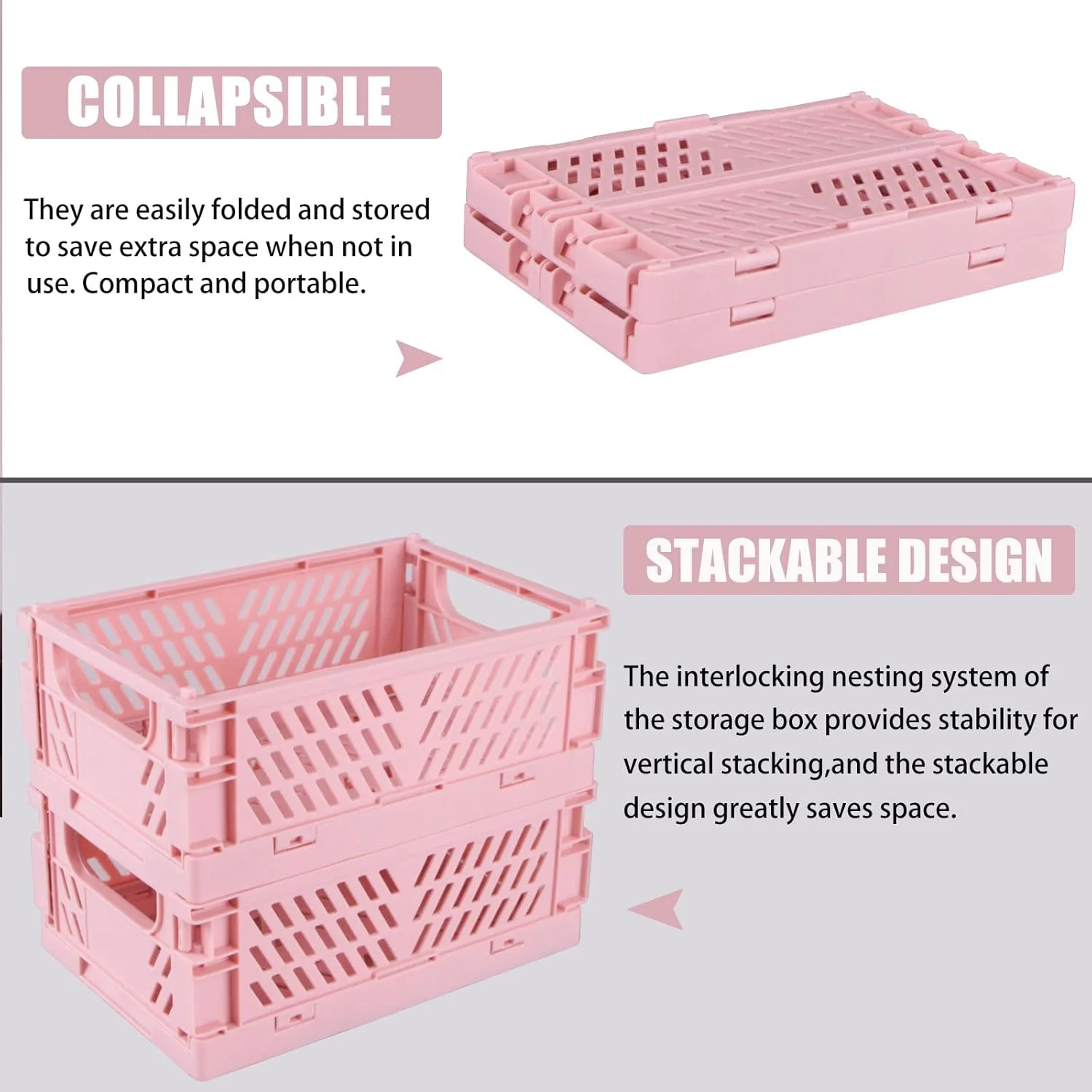 NEI 2-Pack Mini Foldable Plastic Baskets for Organizing and Storage, Collapsible Storage Crate for Home Kitchen Bedroom Bathroom Office (5.9x3.8x2.2