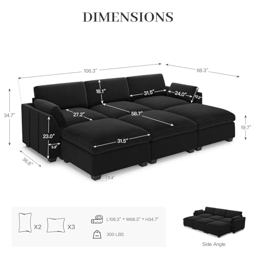 Belffin Extra Large Modular Sectional Sofa,106.3" 4-Seater L Shaped Couch,Velvet Convertible Sectional Couches for Living Room
