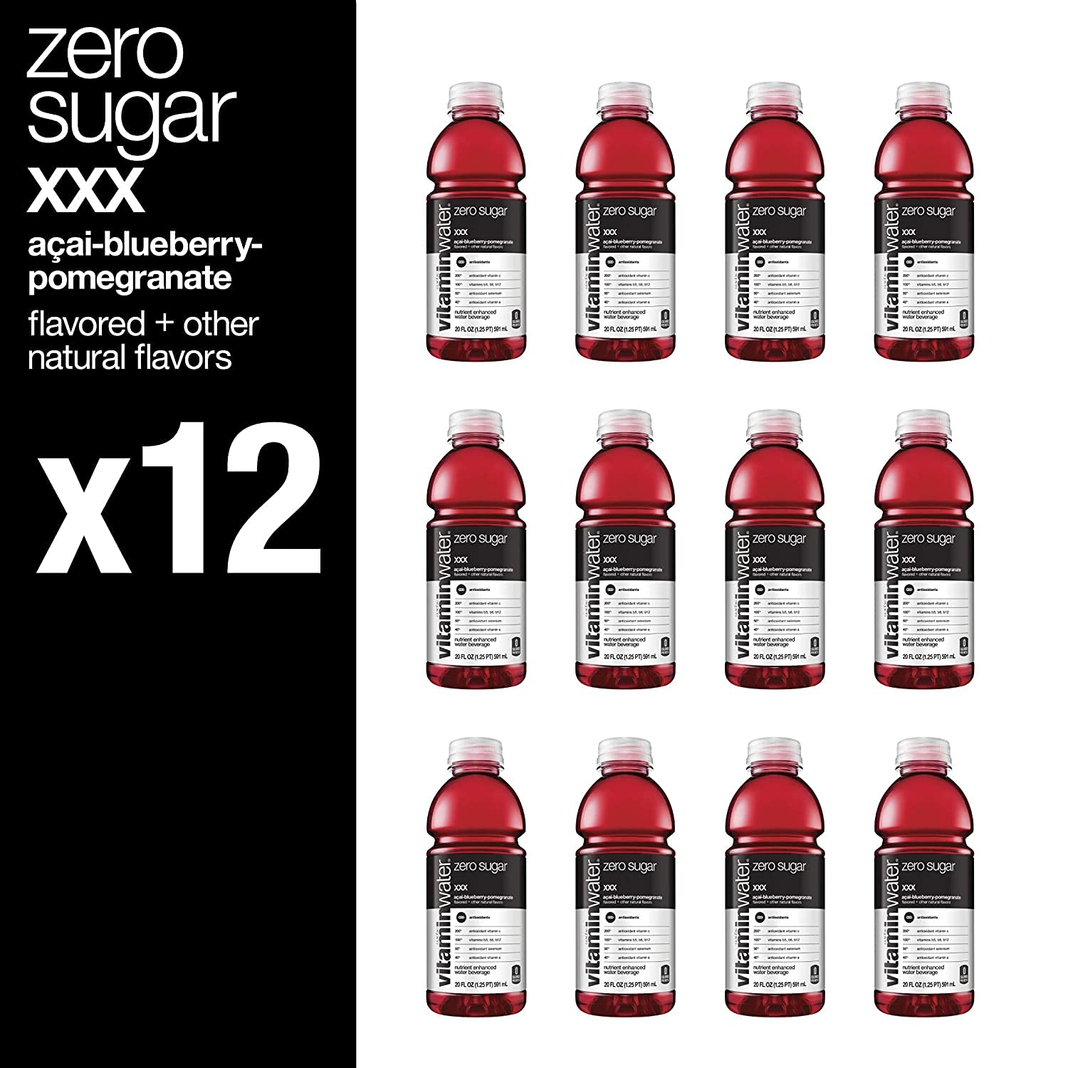 Vitamin Water ZERO Sugar - XXX Acai-Blueberry-Pomegranate | 20 Fl Oz Bottles, Nutrient Enhanced Flavored Water w/ Vitamins, Antioxidants