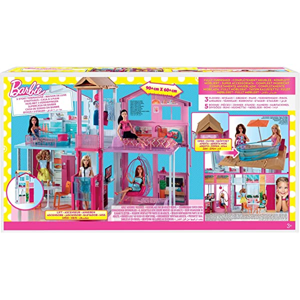 Barbie 3-Story House with Pop-Up Umbrella, [Amazon Exclusive] Townhome