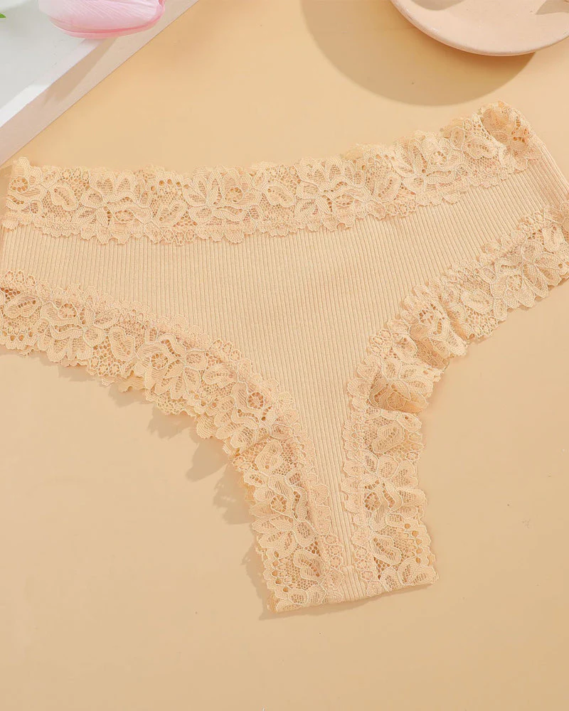 Ribbed Cotton Lace Mid-Rise Panty(9 pack）