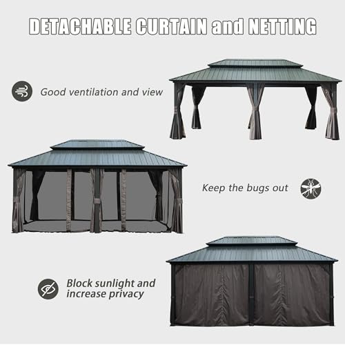 Domi 10’ x 10’ Hardtop Gazebo Metal Frame Canopy with Netting & Curtains