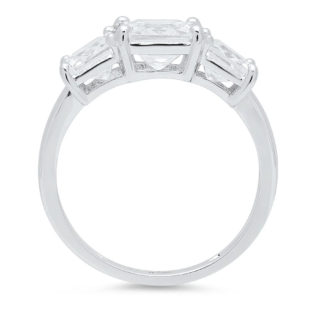 4.0 ct Square Emerald Cut Real Genuine Natural Diamond SI1-SI2 J-K 14K White Gold Three-Stone Promise Wedding Statement Engagement Designer Ring size