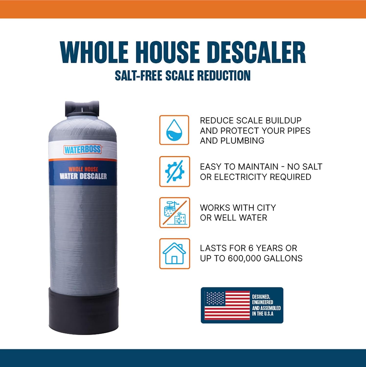 WaterBoss Whole House Salt Free Descaler System - Works with City & Well Water Filters - 6yr, 600,000 Gl - Water Softener Alternative for Home