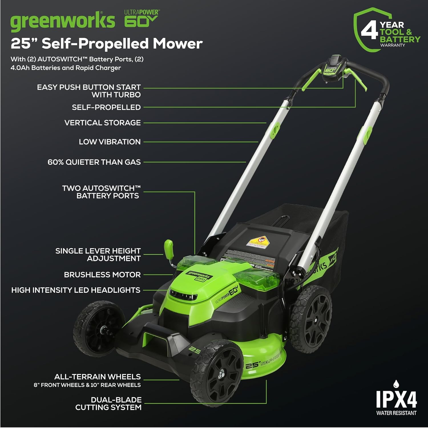 Greenworks 60V 25” Cordless (Self-Propelled) Lawn Mower (LED Lights + Aluminum Handles), 2 x 4.0Ah Batteries and Dual Port Rapid Charger