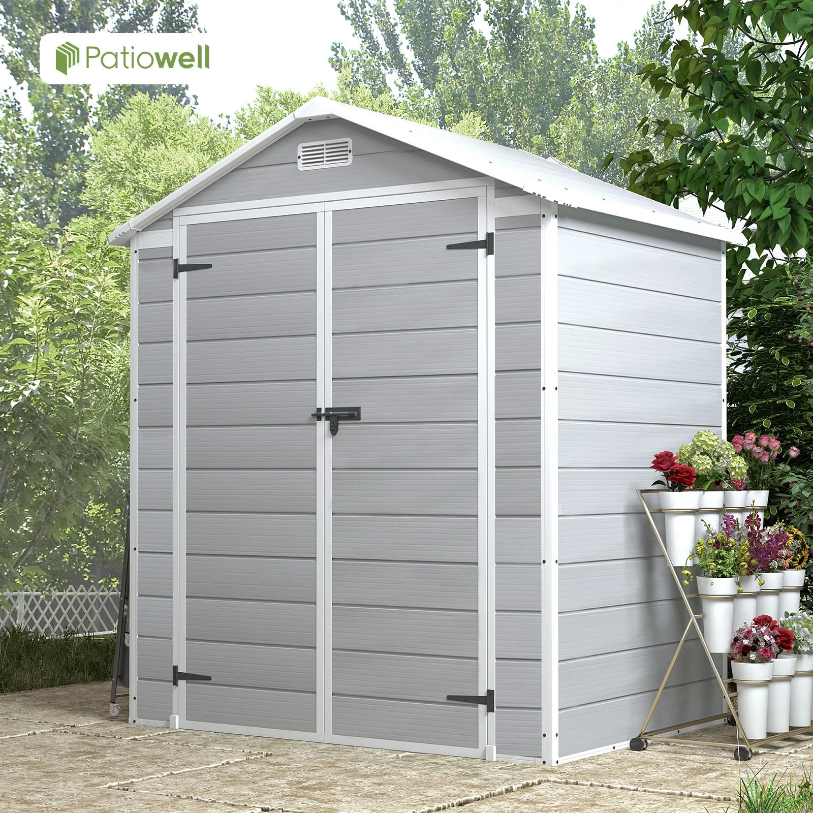 Patiowell 6x4 Resin Outdoor Storage Shed-Perfect to Store Patio Furniture, GardenTools Bike Accessories, Beach Chairs and Lawn Mower, Grey & White