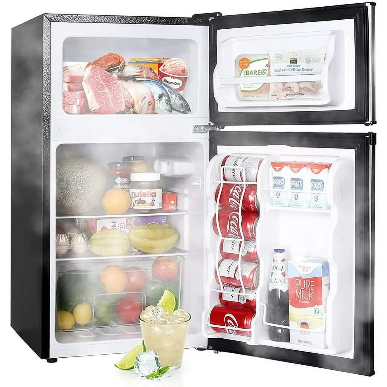 Upstreman 3.2 Cu.ft Mini Fridge with Freezer, Double Door Refrigerator-Classic Stainless