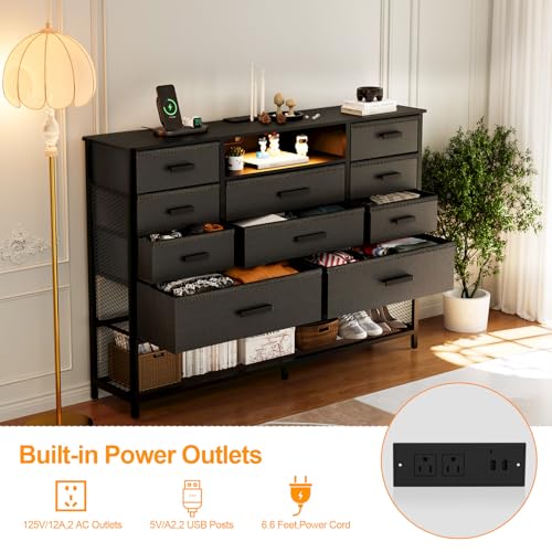 Black Dresser for Bedroom with 10 Drawers, Dresser with Charging Station, TV Stand Dresser with LED Light for 55" TV