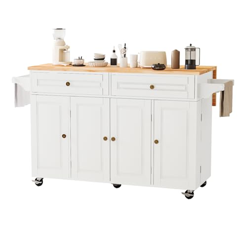 67’’ Movable Kitchen Island with Drop Leaf and Power Outlet, Lockable Sliding Countertop Rolling Island Cart with 2 Large Drawers, Spice, Towel Rack