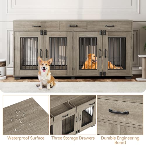 Dog Crate Furniture for 2 Dogs, 71'' XXL Indoor Dog Kennel with 3 Drawers and Removable Room Divider