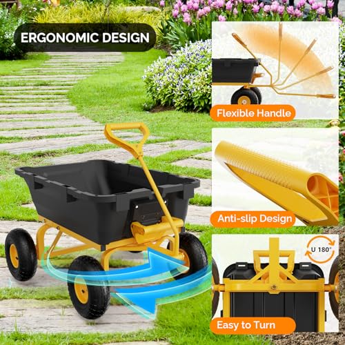VINGLI Heavy Duty Dump Cart Wagon, 770LBS Quick-Release Dump Poly Wheelbarrow, 10in All-Terrain Pneumatic Tires Garden Wagon for Garden, Yard, Beach