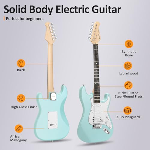 AODSK Electric Guitar with Amp Beginner Kit 39 Inch Solid Body Full Size,All Accessories,Digital Tuner,Six Strings,Four Picks,Tremolo Bar,Strap
