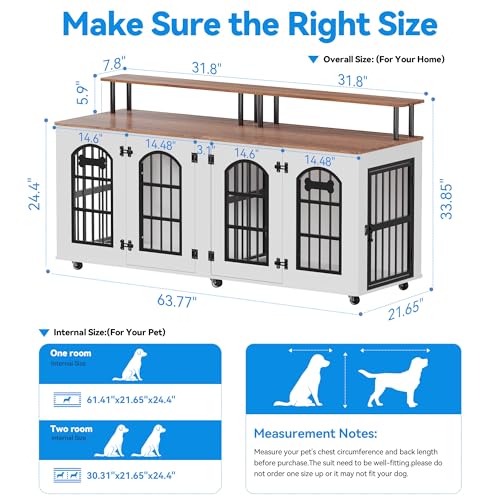 Double Dog Crate Furniture for 2 Dogs, 63" Indoor Wooden Dog Kennel for Medium Dogs with Divider, Wheels, Storage