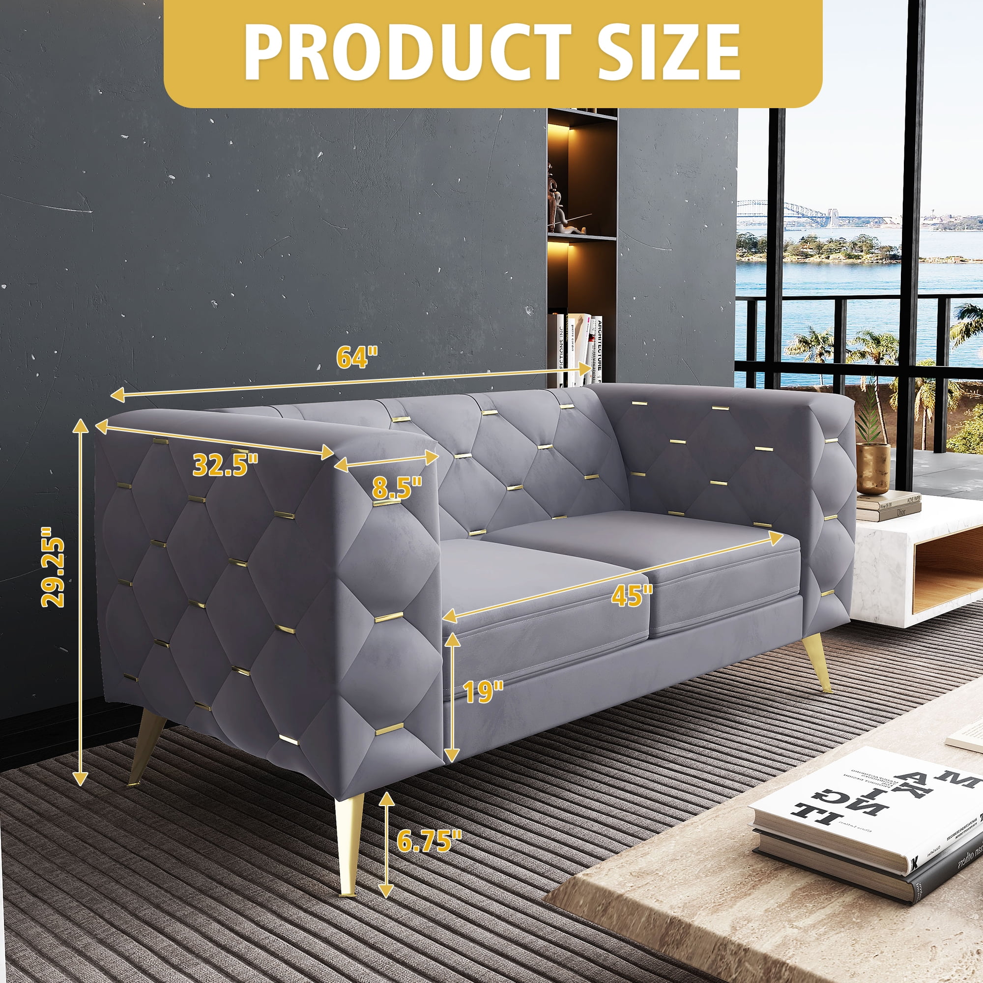 Giratree Living Room Furniture Sets, 3 Piece Mid Century Modern Velvet Upholstered Living Room Sofa, Gray
