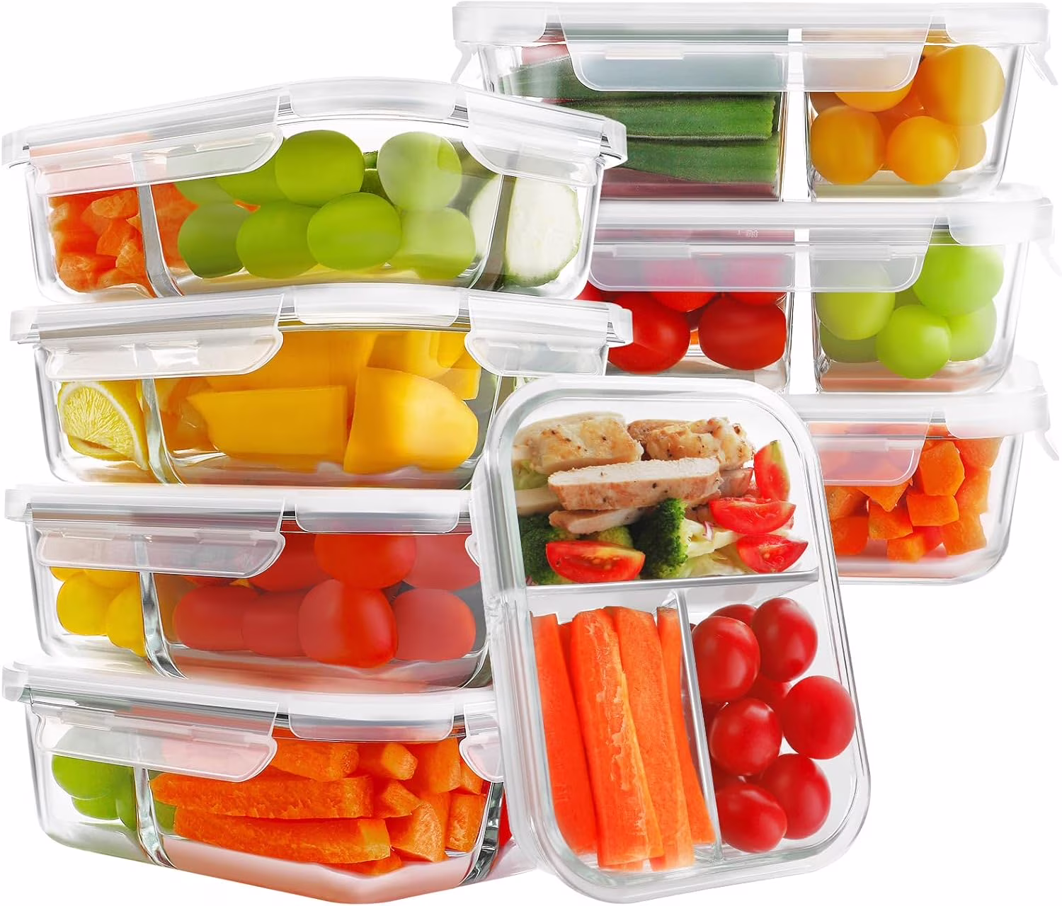 8 packs of 36 oz glass meal preparation container 3 compartments with lid, sealed lunch bento box