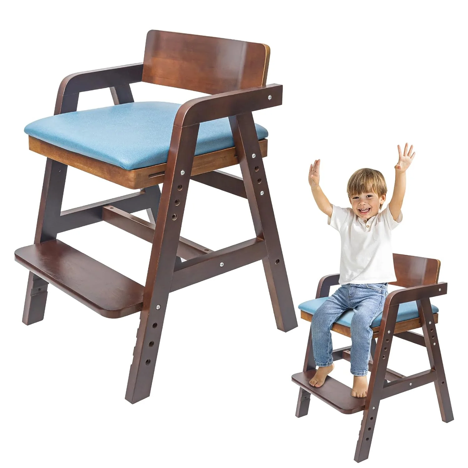 Wooden High Chair for Toddlers, Adjustable Toddler High Chair, 8 Levels Adjustable High Chair for Toddlers
